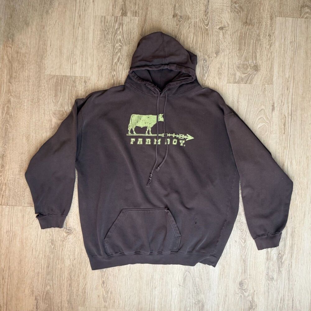 Distresed Farm Boy Graphic Hoodie Cow Logo Brown Size XXL Vintage Pullover